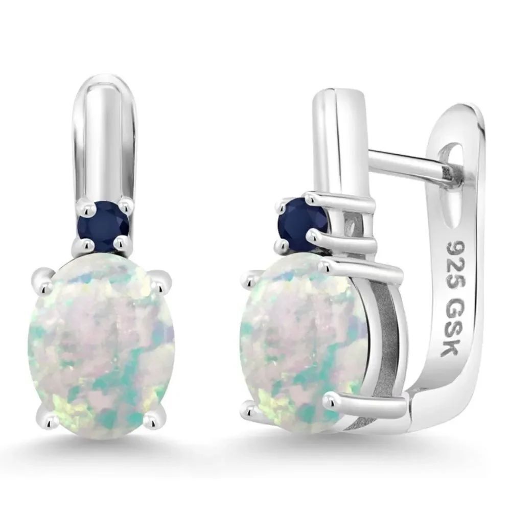 925 Sterling Silver with 3.36 Cttw White Opalโand Navy Blue Sapphire Earrings